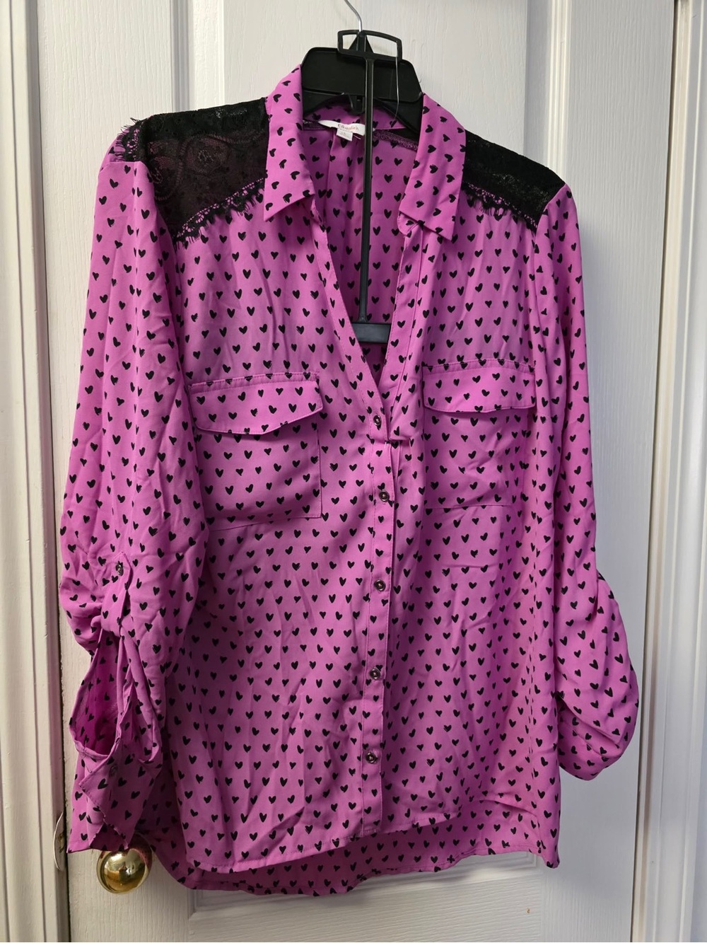 Candie's Pink Heart-Print Button-Down Blouse with Black Lace Yoke